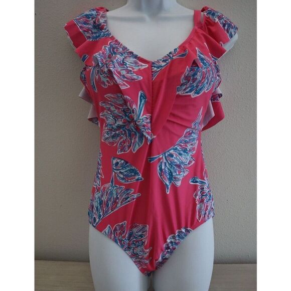 Nicole Miller Women's Sz S Pink Floral Cold Shoulder w/Ruffle 1-Pc Swimsuit $120 - Picture 1 of 7